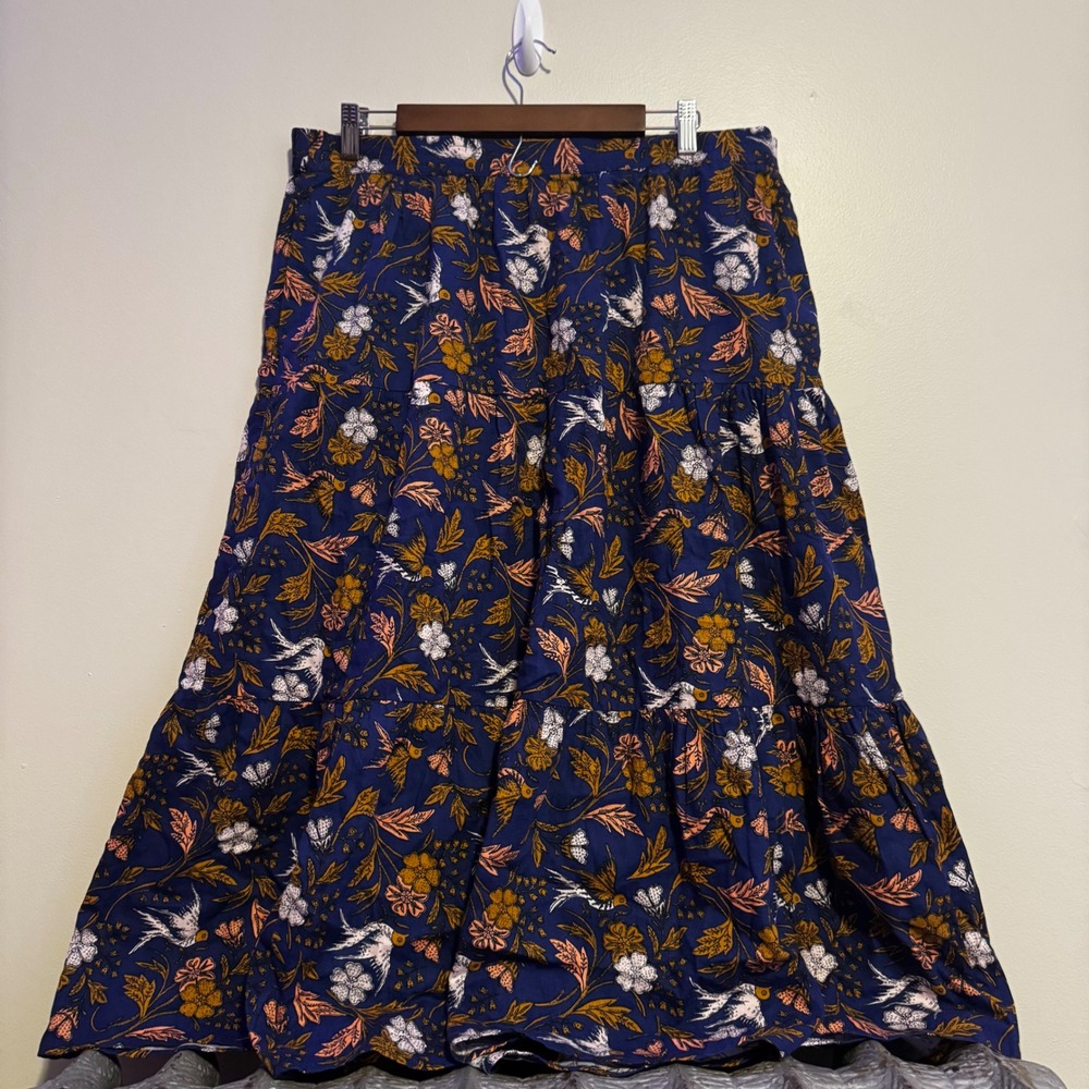 Women's Floral Nature Tiered Maxi Skirt Blue Brown Pink Size XXL Boho Indie Fall